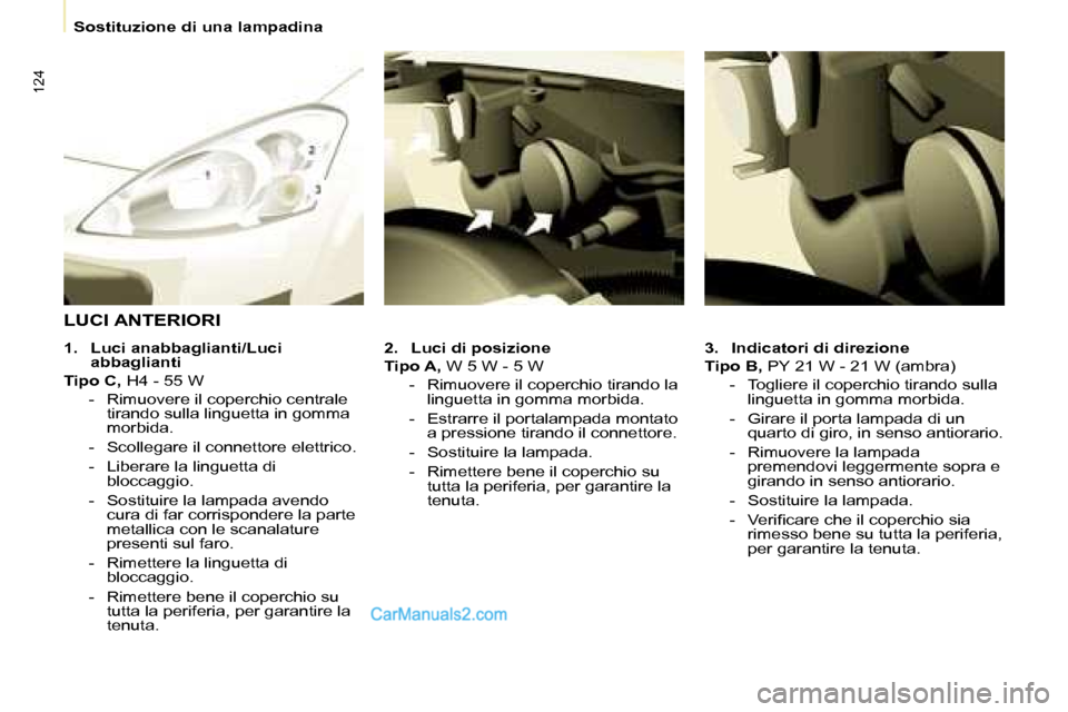 Peugeot Partner 2008  Manuale del proprietario (in Italian) 124
Sostituzione di una lampadina
3. Indicatori di direzione
Tipo B, � �P�Y� �2�1� �W� �-� �2�1� �W� �(�a�m�b�r�a�)
-  Togliere il coperchio tirando sulla  linguetta in gomma morbida.
-  Girare il por