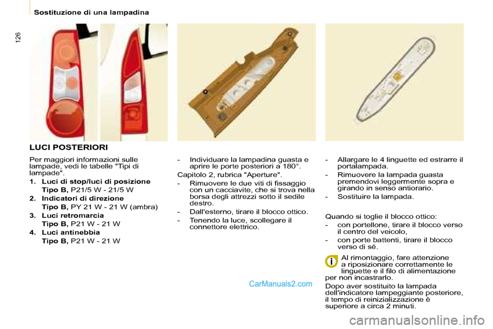Peugeot Partner 2008  Manuale del proprietario (in Italian) 126
Sostituzione di una lampadina
Per maggiori informazioni sulle  
lampade, vedi le tabelle "Tipi di 
lampade". 
1. Luci di stop/luci di posizione
  Tipo B, � �P�2�1�/�5� �W� �-� �2�1�/�5� �W
2.  Ind