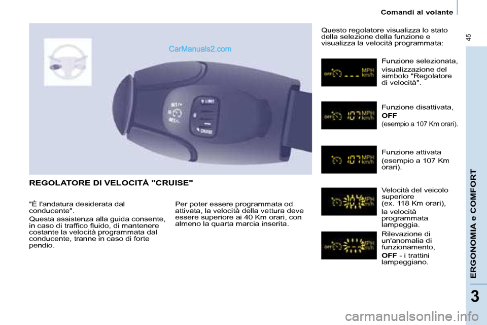 Peugeot Partner 2008  Manuale del proprietario (in Italian)  45
Comandi al volante
ERGONOMIA e COMFORT
3
REGOLATORE DI VELOCITÀ "CRUISE"
Per poter essere programmata od  
attivata, la velocità della vettura deve 
essere superiore ai 40 Km orari, con 
almeno 