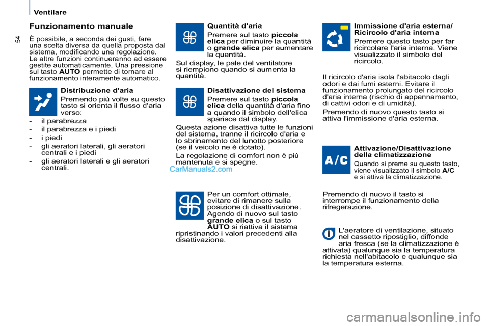 Peugeot Partner 2008  Manuale del proprietario (in Italian) 54
Ventilare
Funzionamento manuale
È possibile, a seconda dei gusti, fare  
una scelta diversa da quella proposta dal 
�s�i�s�t�e�m�a�,� �m�o�d�i�i�c�a�n�d�o� �u�n�a� �r�e�g�o�l�a�z�i�o�n�e�.� 
Le al