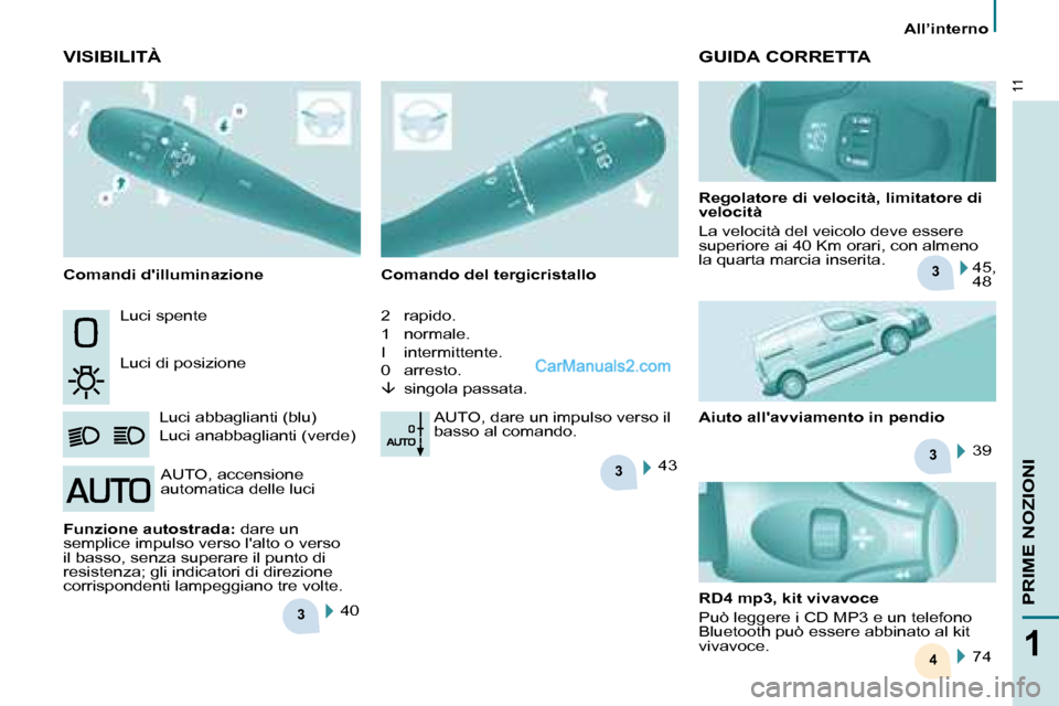 Peugeot Partner 2008  Manuale del proprietario (in Italian) 3
3
3
3
4
11
1
PRIME NOZIONI
All’interno
Luci spente 
Luci di posizioneLuci abbaglianti (blu) 
Luci anabbaglianti (verde) Comando del tergicristallo 
2  rapido. 
1  normale.
I  intermittente.
0  arr