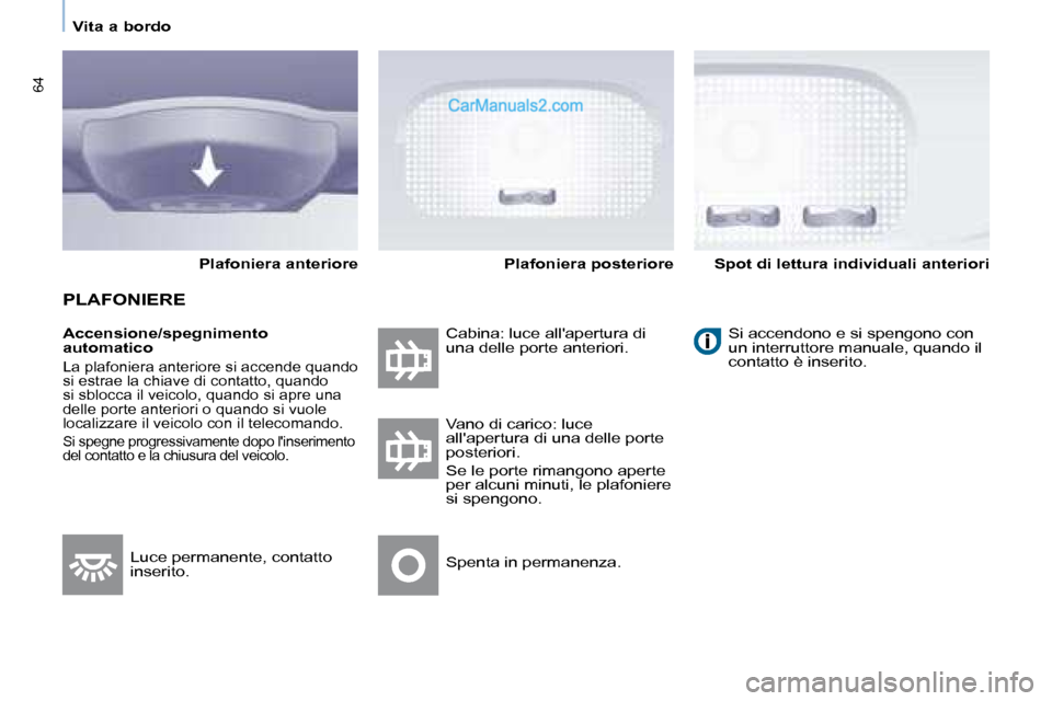 Peugeot Partner 2008  Manuale del proprietario (in Italian) 64
Vita a bordo
Accensione/spegnimento  
automatico
La plafoniera anteriore si accende quando 
si estrae la chiave di contatto, quando 
si sblocca il veicolo, quando si apre una 
delle porte anteriori