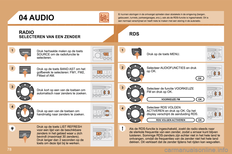 Peugeot Partner 2008  Handleiding (in Dutch) 78
1 
2 
3 
4MENU
2 
4
3
1
04 AUDIO
RADIO
�D�r�u�k� �h�e�r�h�a�a�l�d�e� �m�a�l�e�n� �o�p� �d�e� �t�o�e�t�s�  
�S�O�U�R�C�E� �o�m� �d�e� �r�a�d�i�o�f�u�n�c�t�i�e� �t�e� 
�s�e�l�e�c�t�e�r�e�n�. 
�D�r�u�