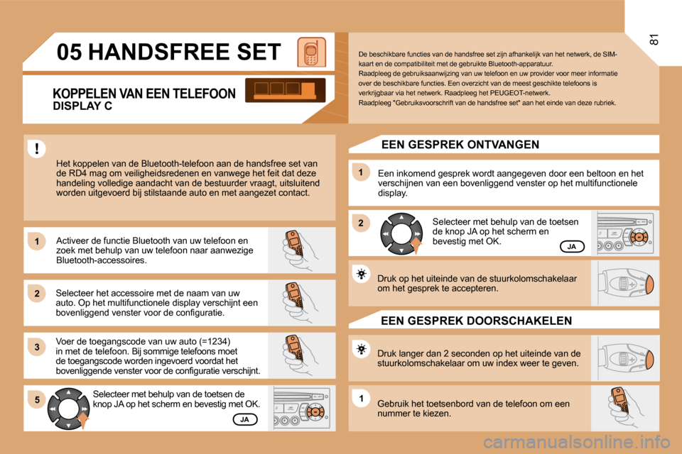 Peugeot Partner 2008  Handleiding (in Dutch) 1 
2 
31 
2
5
1
05
81
HANDSFREE SET
�H�e�t� �k�o�p�p�e�l�e�n� �v�a�n� �d�e� �B�l�u�e�t�o�o�t�h�-�t�e�l�e�f�o�o�n� �a�a�n� �d�e� �h�a�n�d�s �f�r�e�e� �s�e�t� �v�a�n� 
�d�e� �R�D�4� �m�a�g� �o�m� �v�e�i