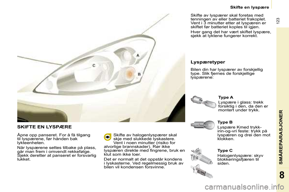 Peugeot Partner 2008  Brukerhåndbok (in Norwegian)  123
SMÅREPARASJONER
8
Skifte en lyspære
SKIFTE EN LYSPÆRE
Type B 
Lyspære Kmed trykk- 
inn-og-vri feste: trykk på 
lyspæren og drei den mot 
klokken.Type A 
Lyspære i glass: trekk  
forsiktig 