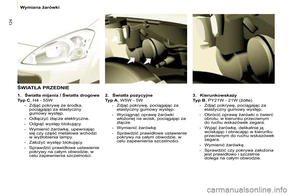 Peugeot Partner 2008  Instrukcja Obsługi (in Polish) 124
�W�y�m�i�a�n�a� G�a�r�ó�w�k�i
3. �K�i�e�r�u�n�k�o�w�s�k�a�z�y
�T�y�p� �B �,� �P�Y�2�1�W� �-� �2�1�W� �(G�ó�ł�t�e�)
�-�  �Z�d�j"�ć� �p�o�k�r�y�w
�,� �p�o�c�i"�g�a�j"�c� �z�a�  �e�l�a�s�t�