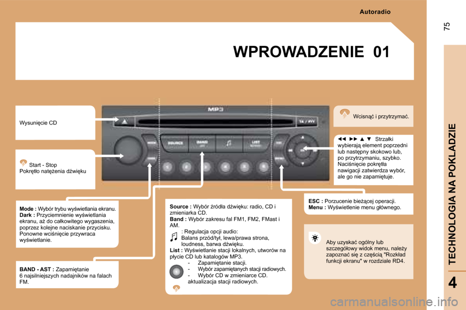 Peugeot Partner 2008  Instrukcja Obsługi (in Polish) �0�1
75
�T�E�C�H�N�O�L�O�G�I�A� �N�A� �P�O�K�L�A�D�Z�I�E
4
�W�P�R�O�W�A�D�Z�E�N�I�E
�W�y�s�u�n�i
�c�i�e� �C�D �S�t�a�r�t� �-� �S�t�o�p
�P�o�k�r
�t�ł�o� �n�a�t
G�e�n�i�a� �dE�w�i
�k�u 
�M�o�d�e�