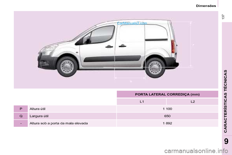 Peugeot Partner 2008  Manual do proprietário (in Portuguese)  137
Dimensões
CARACTERÍSTICAS TÉCNICAS
9
PORTA LATERAL CORREDIÇA (mm)L1 L2
P Altura útil 1 100
Q Largura útil 650
- Altura sob a porta da mala elevada 1 892   