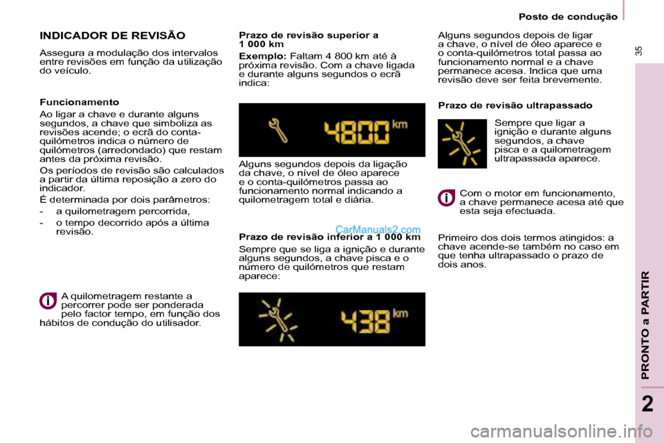 Peugeot Partner 2008  Manual do proprietário (in Portuguese)  35
PRONTO a PARTIR
2
 35
2
Posto de condução
INDICADOR DE REVISÃO
Assegura a modulação dos intervalos  
entre revisões em função da utilização 
do veículo. Prazo de revisão superior a 
1 