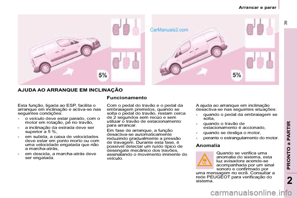 Peugeot Partner 2008  Manual do proprietário (in Portuguese)  39
PRONTO a PARTIR
2
 39
2
Arrancar e parar
AJUDA AO ARRANQUE EM INCLINAÇÃO
Funcionamento
Com o pedal do travão e o pedal da  
embraiagem premidos, quando se 
solta o pedal do travão, restam cerc