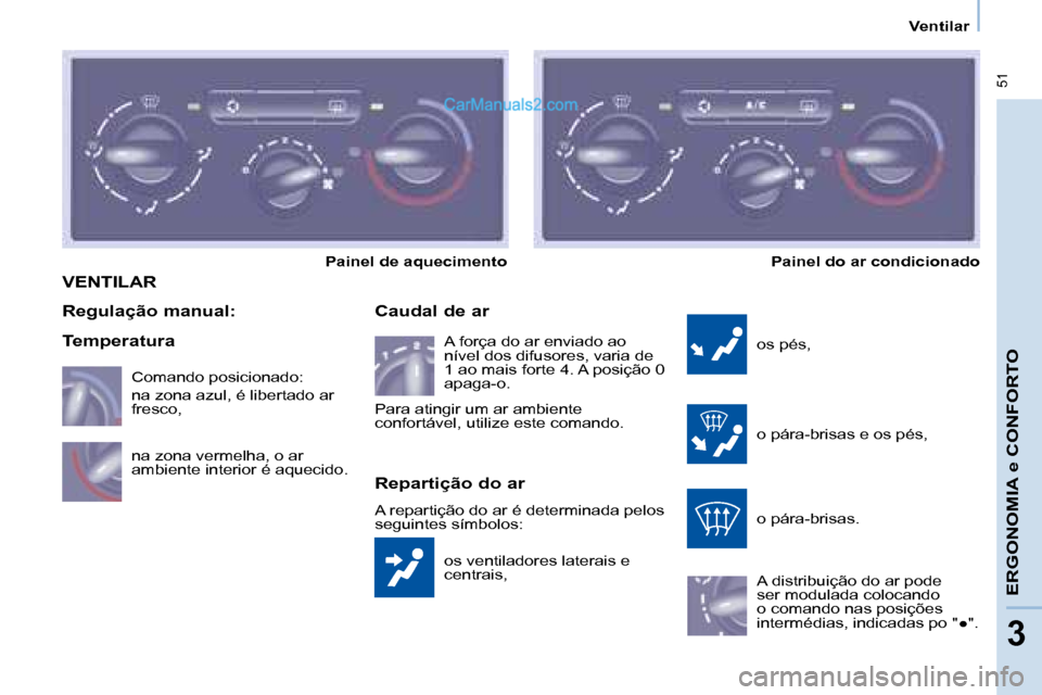 Peugeot Partner 2008  Manual do proprietário (in Portuguese)  51
ERGONOMIA e CONFORTO
33
Ventilar
VENTILAR
os ventiladores laterais e  
centrais,
Caudal de ar
os pés, 
o pára-brisas e os pés, 
o pára-brisas. 
A distribuição do ar pode  
ser modulada coloc