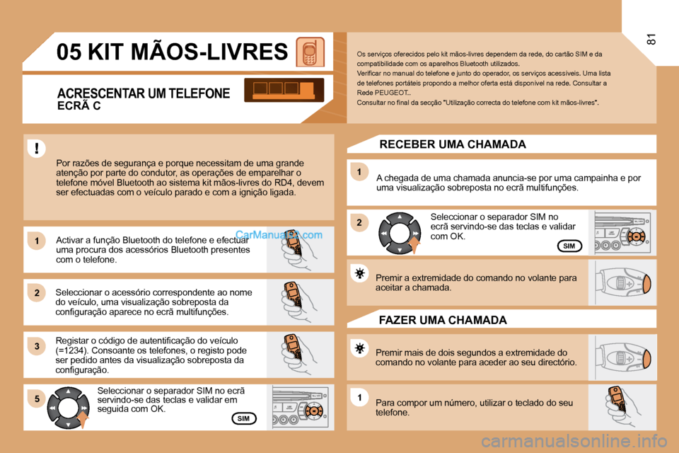 Peugeot Partner 2008  Manual do proprietário (in Portuguese) 1 
2 
31 
2
5
1
05
81
KIT MÃOS-LIVRES
Por razões de segurança e porque necessitam de uma  grande 
atenção por parte do condutor, as operações de empa relhar o 
telefone móvel Bluetooth ao sist