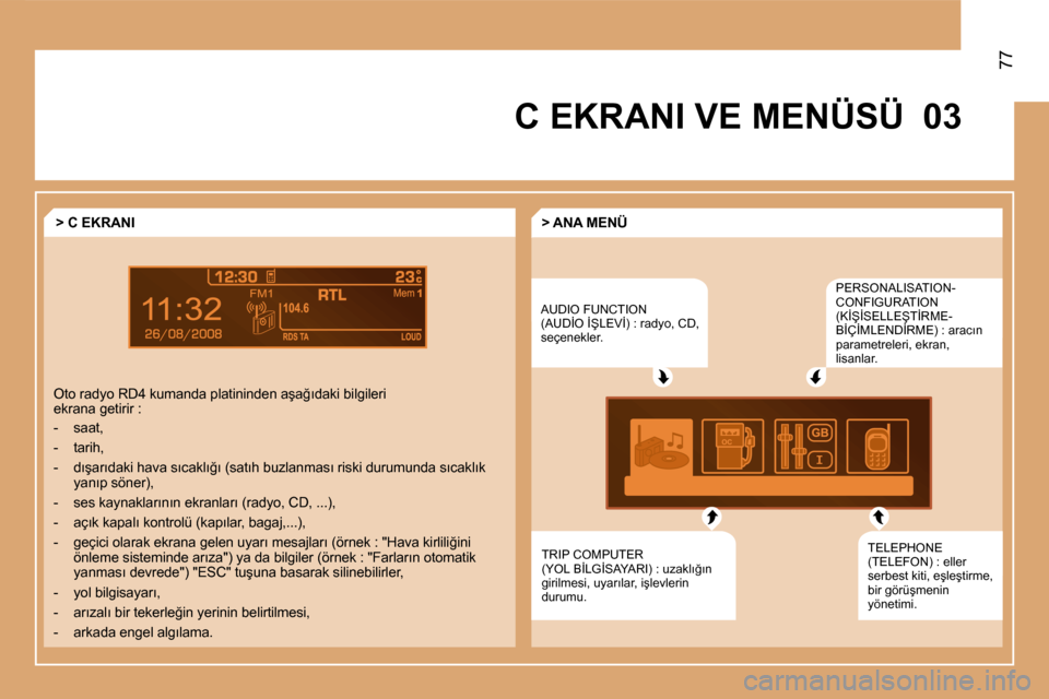 Peugeot Partner 2008  Kullanım Kılavuzu (in Turkish) �0�3
77
�C� �E�K�R�A�N�I� �V�E� �M�E�N�Ü�S�Ü�A�U�D�I�O� �F�U�N�C�T�I�O�N�   
�(�A�U�D�İ�O� �İ�Ş�L�E�V�İ�)� �:� �r�a�d�y�o�,� �C�D�,�  
�s�e�ç�e�n�e�k�l�e�r�. �P�E�R�S�O�N�A�L�I�S�A�T�I�O�N�-
�C
