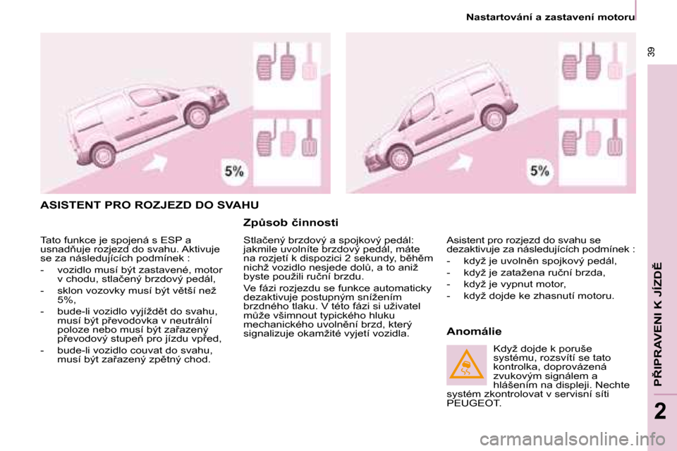 Peugeot Partner 2008  Návod k obsluze (in Czech)  39
�P8�I�P�R�A�V�E�N�I� �K� �J�Í�Z�D(
2
 39
2
�N�a�s�t�a�r�t�o�v�á�n�í� �a� �z�a�s�t�a�v�e�n�í� �m�o�t�o�r�u
�A�S�I�S�T�E�N�T� �P�R�O� �R�O�Z�J�E�Z�D� �D�O� �S�V�A�H�U
�Z�pA�s�o�b� �č�i�n�n�o