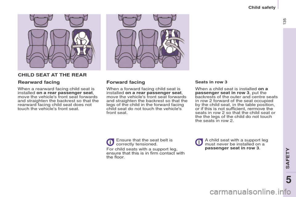 Peugeot Partner Tepee 2017  Owners Manual  135
Partner2VP_en_Chap05_Securite_ed02-2016
 135
Partner2VP_en_Chap05_Securite_ed02-2016
CHILD SEAT AT   THE   REAR
Rearward facing
When a rearward facing child seat is 
installed on a rear passenger