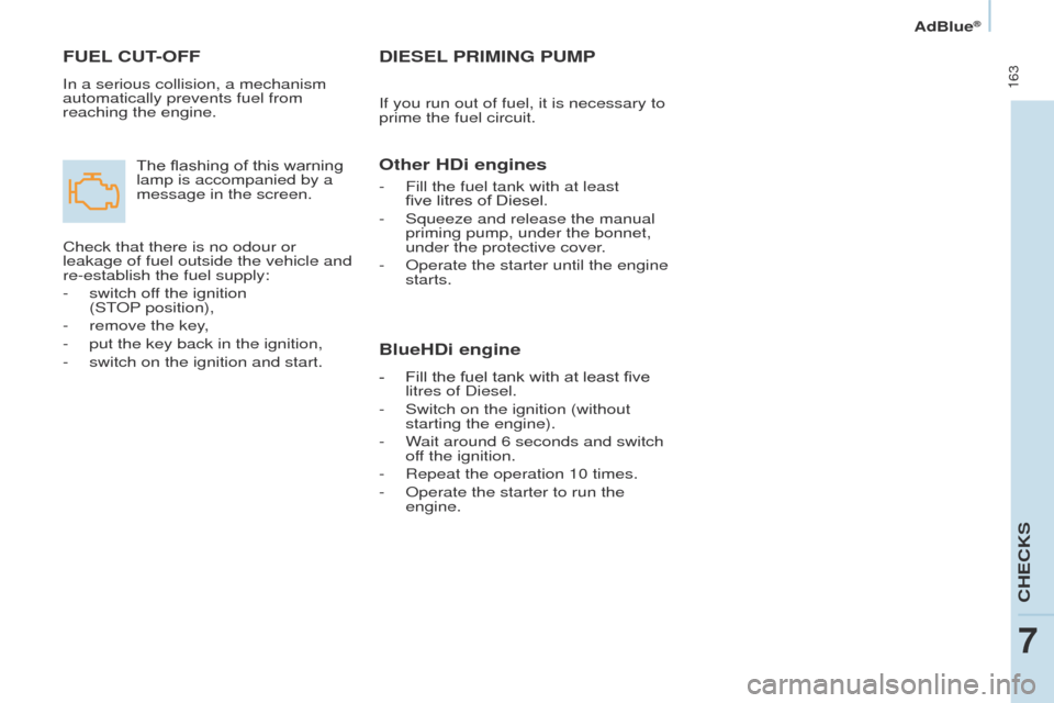 Peugeot Partner Tepee 2017  Owners Manual  163
Partner2VP_en_Chap07_Verification_ed02-2016Partner2VP_en_Chap07_Verification_ed02-2016
DIESEL PRIMING   PUMP
If you run out of fuel, it is necessary to 
prime the fuel circuit.
Other HDi engines
