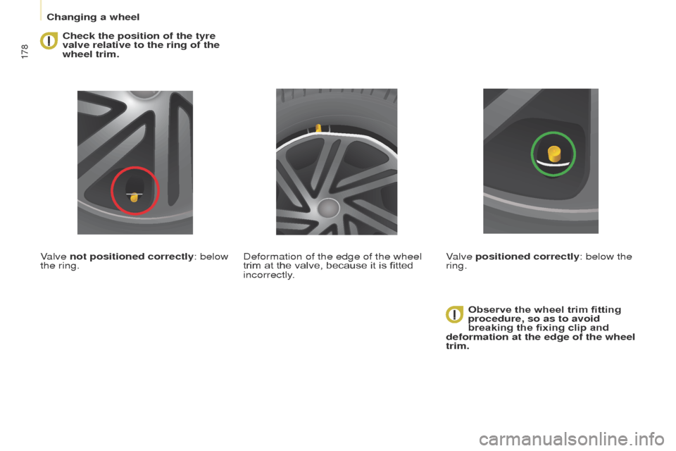 Peugeot Partner Tepee 2017  Owners Manual 178
Partner2VP_en_Chap08_Aide-rapide_ed02-2016Partner2VP_en_Chap08_Aide-rapide_ed02-2016
Check the position of the tyre 
valve relative to the ring of the 
wheel trim.
Valve not positioned correctly: 