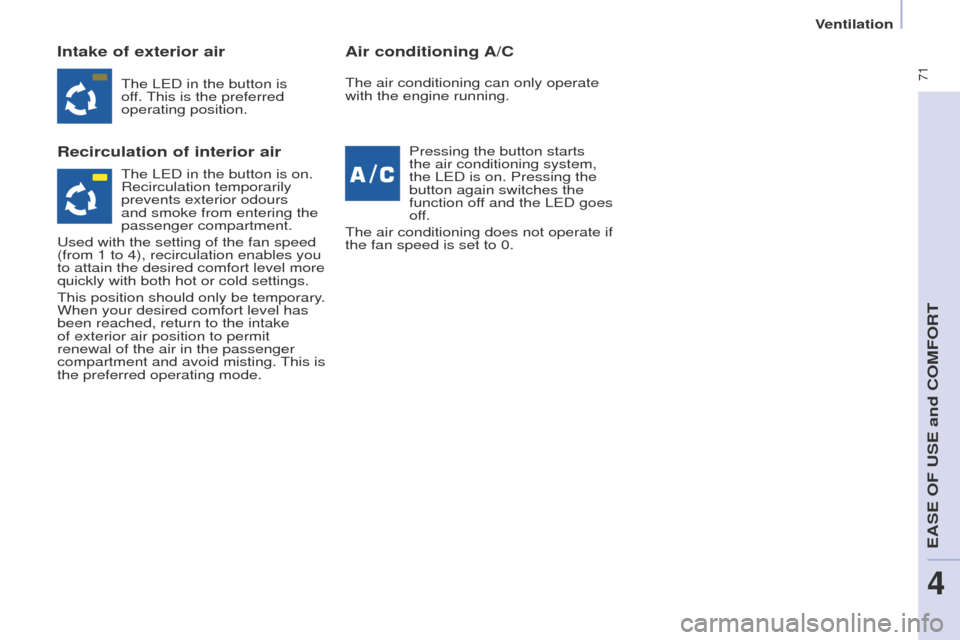 Peugeot Partner Tepee 2017 Manual PDF  71
Partner2VP_en_Chap04_Ergonomie_ed02-2016Partner2VP_en_Chap04_Ergonomie_ed02-2016
Intake of exterior air
Recirculation of interior airAir conditioning A/C
The LED in the button is 
off. This is the