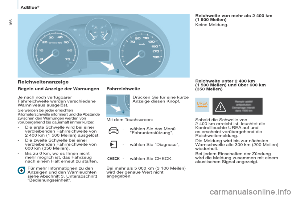 Peugeot Partner Tepee 2017  Betriebsanleitung (in German) 166
Partner2VP_de_Chap07_Verification_ed02-2016Partner2VP_de_Chap07_Verification_ed02-2016
Reichweitenanzeige
Regeln und Anzeige der WarnungenFür mehr Informationen zu den 
Anzeigen und den Warnleuch