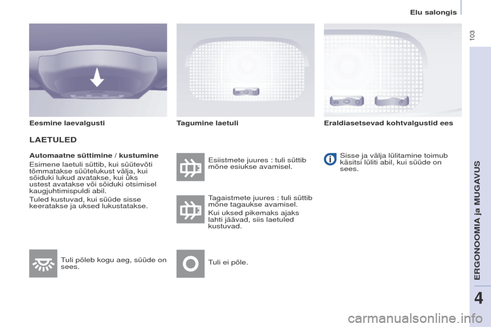 Peugeot Partner Tepee 2017 Omaniku käsiraamat (in Estonian) 103
Partner2VP_et_Chap04_ergonomie_ed02-2016Partner2VP_et_Chap04_ergonomie_ed02-2016
Automaatne süttimine / kustumine
e
simene laetuli süttib, kui süütevõti
tõmmatakse süütelukust välja, ku Peugeot Partner Tepee 2017 Omaniku käsiraamat (in Estonian) 103
Partner2VP_et_Chap04_ergonomie_ed02-2016Partner2VP_et_Chap04_ergonomie_ed02-2016
Automaatne süttimine / kustumine
e
simene laetuli süttib, kui süütevõti
tõmmatakse süütelukust välja, ku