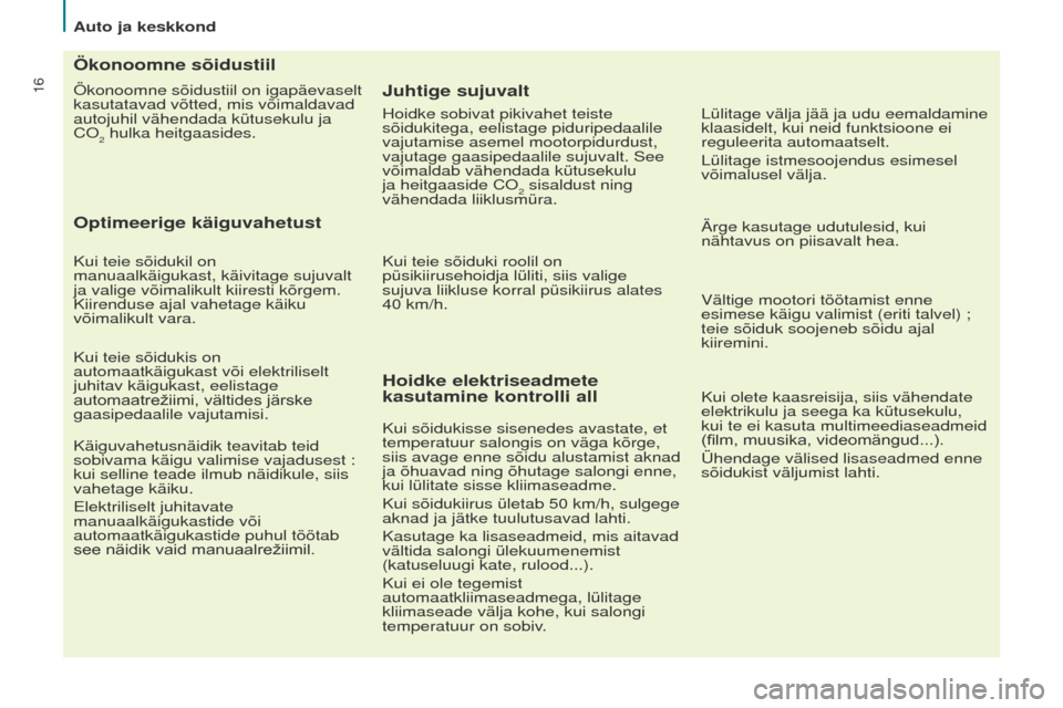 Peugeot Partner Tepee 2017  Omaniku käsiraamat (in Estonian) 16
Partner2VP_et_Chap02_eco-conduite_ed02-2016
Ökonoomne sõidustiil on igapäevaselt 
kasutatavad võtted, mis võimaldavad 
autojuhil vähendada kütusekulu ja 
Co
2 hulka heitgaasides.
Ökonoomne 