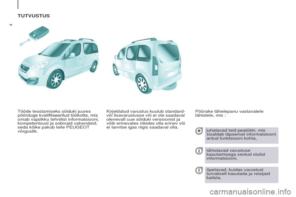 Peugeot Partner Tepee 2017  Omaniku käsiraamat (in Estonian) 4
Partner2VP_et_Chap01_vue-ensemble_ed02-2016
TUTVUSTUS
Pöörake tähelepanu vastavatele 
tähistele, mis  :
juhatavad teid peatükki, mis 
sisaldab täpsemat informatsiooni 
antud funktsiooni kohta,