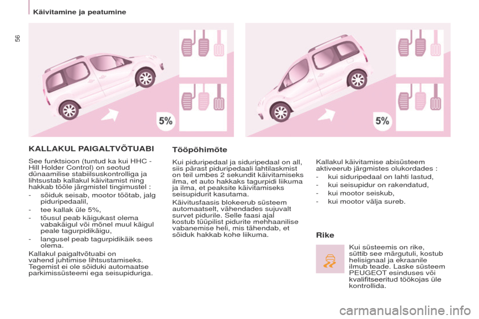 Peugeot Partner Tepee 2017  Omaniku käsiraamat (in Estonian) 56
Partner2VP_et_Chap03_Pret-a-partir_ed02-2016Partner2VP_et_Chap03_Pret-a-partir_ed02-2016
KALLAKUL PAIGALTVÕTUABI
See funktsioon (tuntud ka kui HHC -  
Hill Holder Control) on seotud 
dünaamilise 