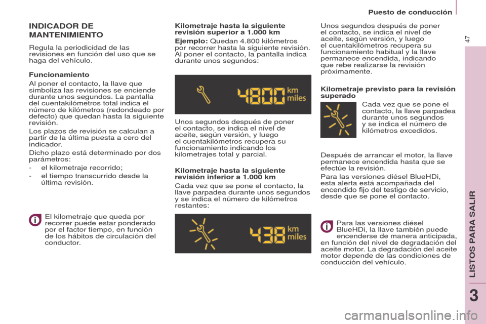 Peugeot Partner Tepee 2017  Manual del propietario (in Spanish) 47
Partner2VP_es_Chap03_Pret-a-partir_ed02-2016
Puesto de conducción
Partner2VP_es_Chap03_Pret-a-partir_ed02-2016
INDICADOR DE 
MANTENIMIENT
O
Regula la periodicidad de las 
revisiones en función de