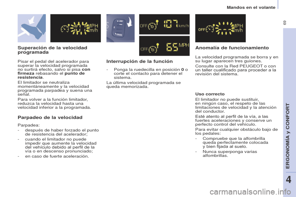 Peugeot Partner Tepee 2017  Manual del propietario (in Spanish)  69
Mandos en el volante
Partner2VP_es_Chap04_Ergonomie_ed02-2016
Superación de la velocidad 
programadaInterrupción de la funciónAnomalía de funcionamiento
La velocidad programada se borra y en 
