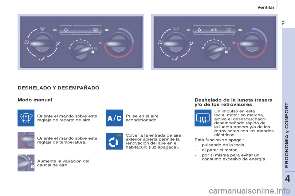 Peugeot Partner Tepee 2017  Manual del propietario (in Spanish)  75
Partner2VP_es_Chap04_Ergonomie_ed02-2016
Ventilar
Partner2VP_es_Chap04_Ergonomie_ed02-2016
DEShELADO Y DESEMPA ñ ADO
Modo manual
Oriente el mando sobre este 
reglaje de temperatura.
Aumente la va