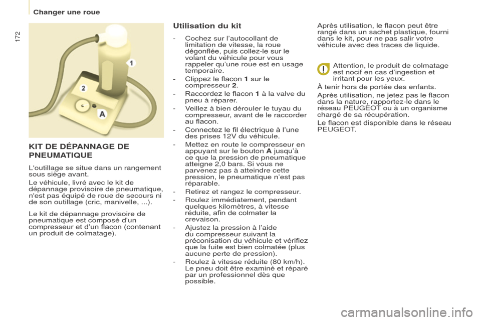 Peugeot Partner Tepee 2017  Manuel du propriétaire (in French) 172
Le kit de dépannage provisoire de 
pneumatique est composé d’un 
compresseur et d’un flacon (contenant 
un produit de colmatage).
Utilisation du kit
- Cochez sur l’autocollant de 
limitati