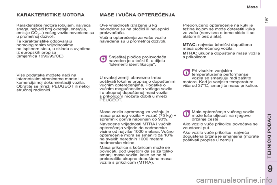 Peugeot Partner Tepee 2017  Vodič za korisnike (in Croatian)  197
Partner2VP_hr_Chap09_Caract-technique_ed02-2016Partner2VP_hr_Chap09_Caract-technique_ed02-2016
KARAKTERISTIKE MOTORA
Karakteristike motora (obujam, najveća 
snaga, najveći broj okretaja, energi