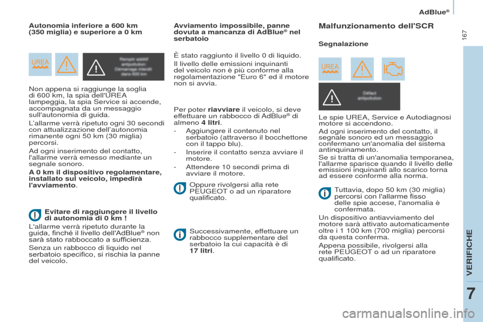 Peugeot Partner Tepee 2017  Manuale del proprietario (in Italian)  167
Partner2VP_it_Chap07_Verification_ed02-2016
AdBlue®
Partner2VP_it_Chap07_Verification_ed02-2016
Non appena si raggiunge la soglia 
di 600  km, la spia dellUREA 
lampeggia, la spia Service si ac