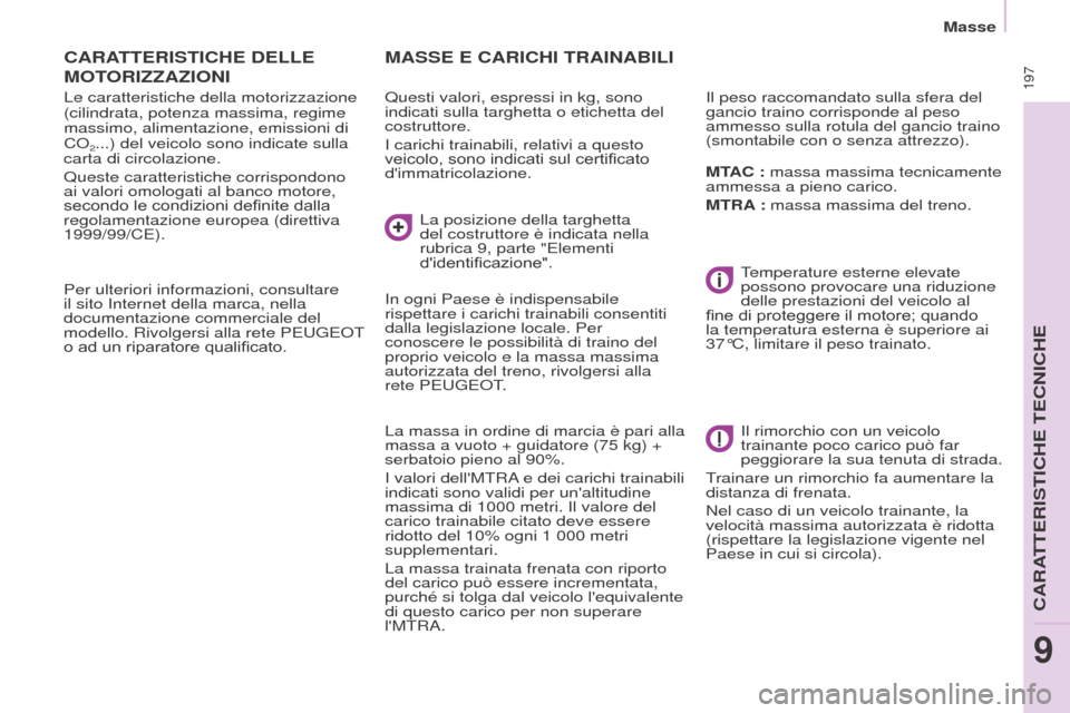 Peugeot Partner Tepee 2017  Manuale del proprietario (in Italian)  197
Partner2VP_it_Chap09_Caract-technique_ed02-2016Partner2VP_it_Chap09_Caract-technique_ed02-2016
CARATTERISTICHE DELLE  
MOT
ORIZZAZIONI
Le caratteristiche della motorizzazione 
(cilindrata, potenz