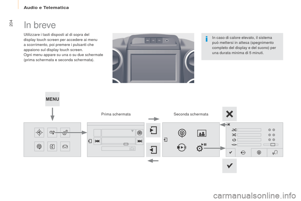 Peugeot Partner Tepee 2017  Manuale del proprietario (in Italian) 204
Partner2VP_it_Chap10a_SMEGplus_ed02-2016
In breve
Utilizzare i tasti disposti al di sopra del 
display touch screen per accedere ai menu 
a scorrimento, poi premere i pulsanti che 
appaiono sul di