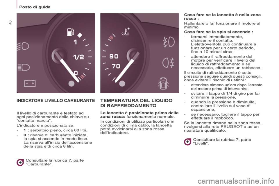Peugeot Partner Tepee 2017  Manuale del proprietario (in Italian) 40
Partner2VP_it_Chap03_Pret-a-partir_ed02-2016
Posto di guida
Partner2VP_it_Chap03_Pret-a-partir_ed02-2016
INDICATORE LIVELLO CARBURANTETEMPERATURA DEL  LIQUIDO  
DI

  RAFFREDDAMENTO
La lancetta è 