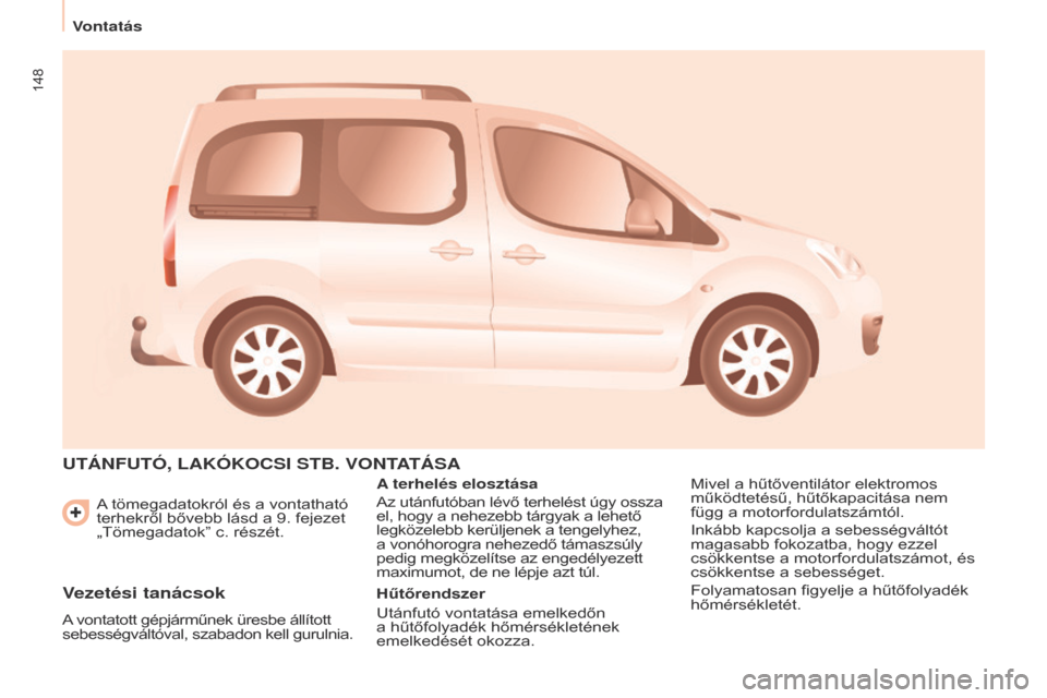 Peugeot Partner Tepee 2017 Kezelési útmutató (in Hungarian) 148
Partner2VP_hu_Chap06_Accessoire_ed02-2016
A tömegadatokról és a vontatható
terhekről bővebb lásd a 9. fejezet
„Tömegadatok” c. részét.
UTÁNFUTÓ, LAKÓKOCSI STB. VONTATÁSA
A terh Peugeot Partner Tepee 2017 Kezelési útmutató (in Hungarian) 148
Partner2VP_hu_Chap06_Accessoire_ed02-2016
A tömegadatokról és a vontatható
terhekről bővebb lásd a 9. fejezet
„Tömegadatok” c. részét.
UTÁNFUTÓ, LAKÓKOCSI STB. VONTATÁSA
A terh
