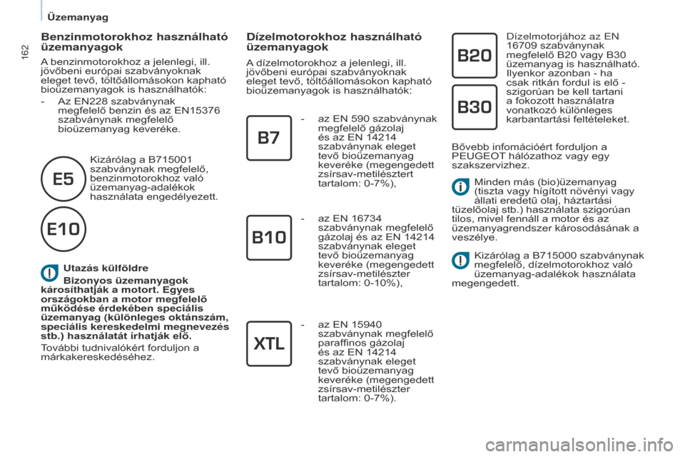 Peugeot Partner Tepee 2017 Kezelési útmutató (in Hungarian) 162
Partner2VP_hu_Chap07_Verification_ed02-2016Partner2VP_hu_Chap07_Verification_ed02-2016
Utazás külföldre
Bizonyos üzemanyagok
károsíthatják a motort. Egyes
országokban a motor megfelelő Peugeot Partner Tepee 2017 Kezelési útmutató (in Hungarian) 162
Partner2VP_hu_Chap07_Verification_ed02-2016Partner2VP_hu_Chap07_Verification_ed02-2016
Utazás külföldre
Bizonyos üzemanyagok
károsíthatják a motort. Egyes
országokban a motor megfelelő