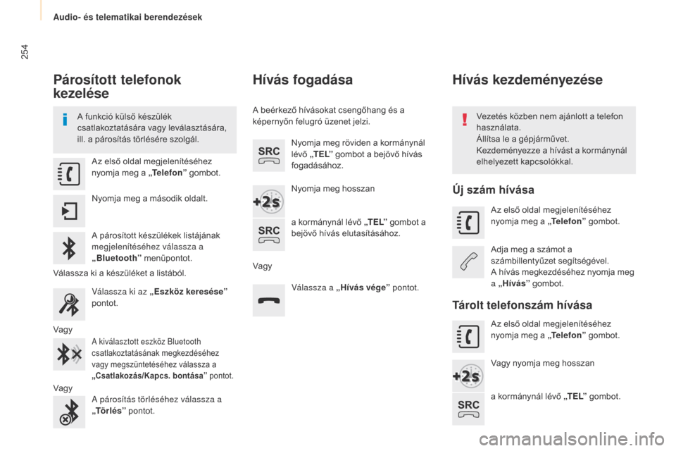 Peugeot Partner Tepee 2017 Kezelési útmutató (in Hungarian) 254
Partner2VP_hu_Chap10a_SMEGplus_ed02-2016
párosított telefonok
kezelése
A funkció külső készülék
csatlakoztatására vagy leválasztására,
ill. a párosítás törlésére szolgál.Ve Peugeot Partner Tepee 2017 Kezelési útmutató (in Hungarian) 254
Partner2VP_hu_Chap10a_SMEGplus_ed02-2016
párosított telefonok
kezelése
A funkció külső készülék
csatlakoztatására vagy leválasztására,
ill. a párosítás törlésére szolgál.Ve