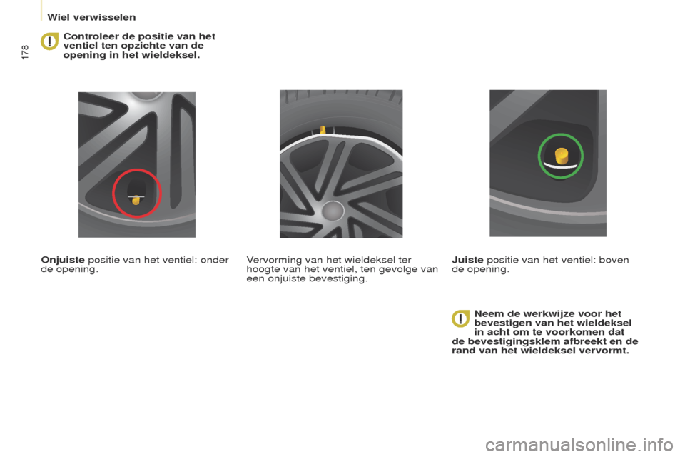 Peugeot Partner Tepee 2017 Handleiding (in Dutch) 178
Partner2VP_nl_Chap08_Aide-rapide_ed02-2016Partner2VP_nl_Chap08_Aide-rapide_ed02-2016
Controleer de positie van het
ventiel ten opzichte van de
opening in het wieldeksel.
Onjuiste positie van het Peugeot Partner Tepee 2017 Handleiding (in Dutch) 178
Partner2VP_nl_Chap08_Aide-rapide_ed02-2016Partner2VP_nl_Chap08_Aide-rapide_ed02-2016
Controleer de positie van het
ventiel ten opzichte van de
opening in het wieldeksel.
Onjuiste positie van het