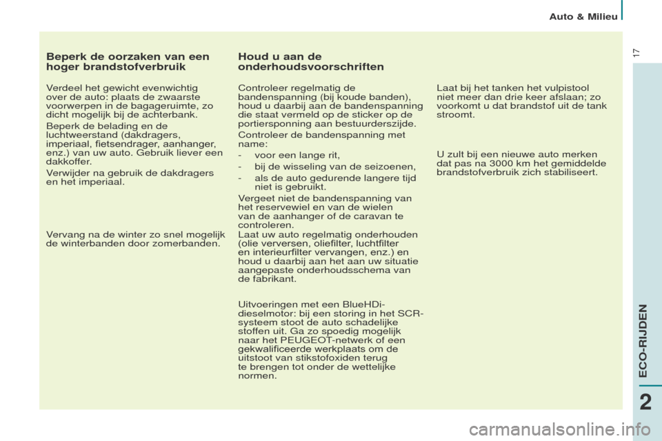 Peugeot Partner Tepee 2017 Handleiding (in Dutch) 17
Partner2VP_nl_Chap02_eco-conduite_ed02-2016
Beperk de oorzaken van een
hoger brandstofverbruik
Verdeel het gewicht evenwichtig
over de auto: plaats de zwaarste
voorwerpen in de bagageruimte, zo Peugeot Partner Tepee 2017 Handleiding (in Dutch) 17
Partner2VP_nl_Chap02_eco-conduite_ed02-2016
Beperk de oorzaken van een
hoger brandstofverbruik
Verdeel het gewicht evenwichtig
over de auto: plaats de zwaarste
voorwerpen in de bagageruimte, zo