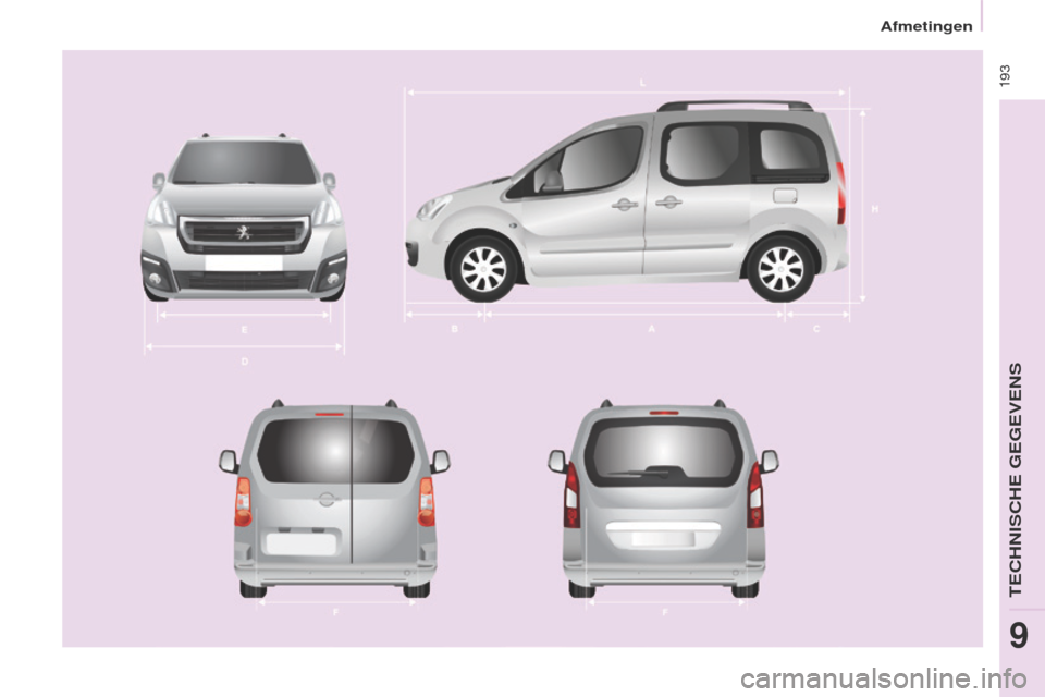 Peugeot Partner Tepee 2017 Handleiding (in Dutch) 193
Partner2VP_nl_Chap09_Caract-technique_ed02-2016
Partner2VP_nl_Chap09_Caract-technique_ed02-2016
Afmetingen
teCHNISCHe gegeVeNS
9 Peugeot Partner Tepee 2017 Handleiding (in Dutch) 193
Partner2VP_nl_Chap09_Caract-technique_ed02-2016
Partner2VP_nl_Chap09_Caract-technique_ed02-2016
Afmetingen
teCHNISCHe gegeVeNS
9