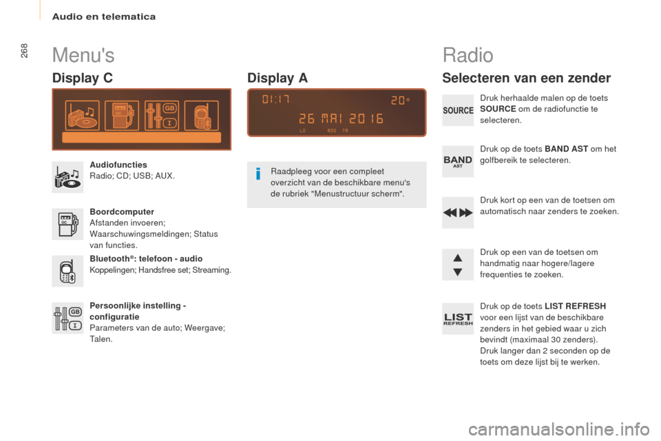 Peugeot Partner Tepee 2017 Handleiding (in Dutch) 268
Partner2VP_nl_Chap10b_RD45_ed02-2016
Menus
Display C
Audiofuncties
Radio; CD; uS B; AuX .
Boordcomputer
Afstanden invoeren;
Waarschuwingsmeldingen; Status
van functies.
Bluetooth
®: telefoon - Peugeot Partner Tepee 2017 Handleiding (in Dutch) 268
Partner2VP_nl_Chap10b_RD45_ed02-2016
Menus
Display C
Audiofuncties
Radio; CD; uS B; AuX .
Boordcomputer
Afstanden invoeren;
Waarschuwingsmeldingen; Status
van functies.
Bluetooth
®: telefoon -