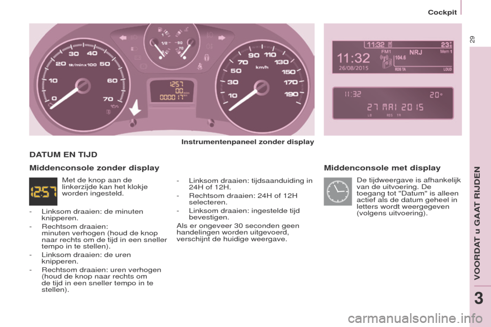Peugeot Partner Tepee 2017 Handleiding (in Dutch) 29
Partner2VP_nl_Chap03_Pret-a-partir_ed02-2016Partner2VP_nl_Chap03_Pret-a-partir_ed02-2016
Middenconsole met display
Instrumentenpaneel zonder display
-
Linksom draaien: tijdsaanduiding in
24H of Peugeot Partner Tepee 2017 Handleiding (in Dutch) 29
Partner2VP_nl_Chap03_Pret-a-partir_ed02-2016Partner2VP_nl_Chap03_Pret-a-partir_ed02-2016
Middenconsole met display
Instrumentenpaneel zonder display
-
Linksom draaien: tijdsaanduiding in
24H of