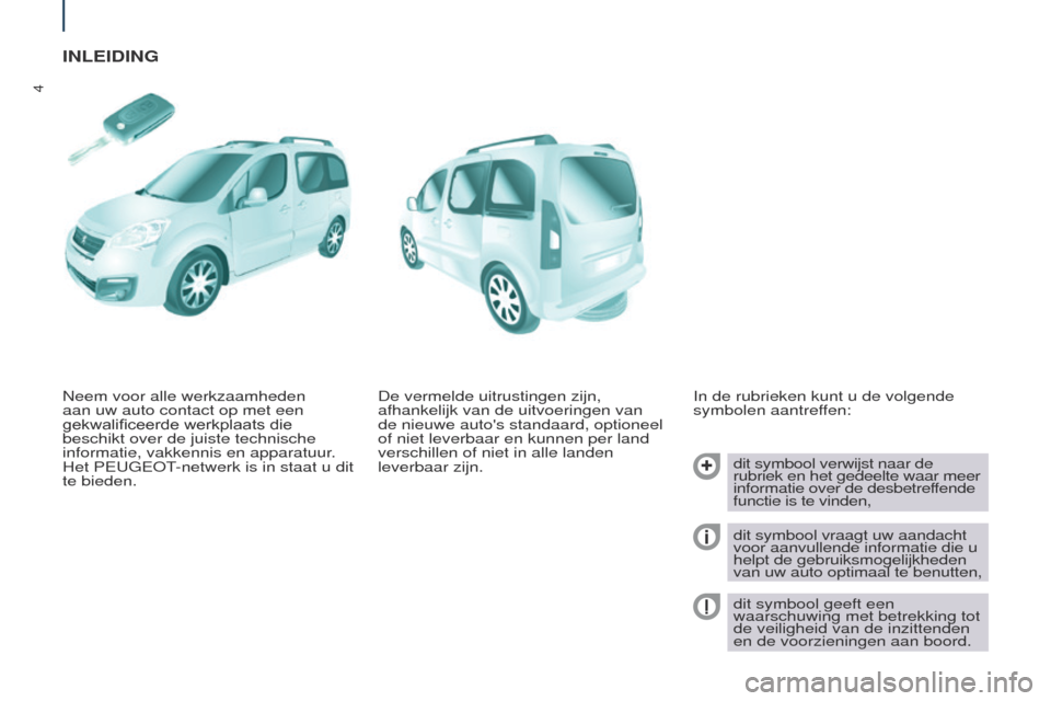 Peugeot Partner Tepee 2017  Handleiding (in Dutch) 4
Partner2VP_nl_Chap01_vue-ensemble_ed02-2016
INLEIDING
In de rubrieken kunt u de volgende 
symbolen aantreffen:dit symbool verwijst naar de 
rubriek en het gedeelte waar meer 
informatie over de desb