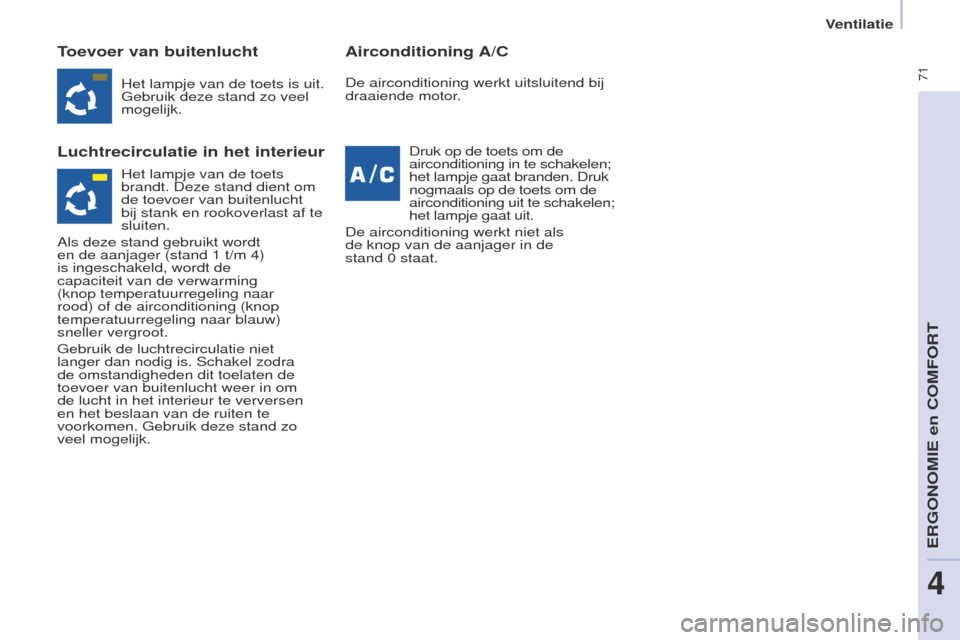 Peugeot Partner Tepee 2017 Handleiding (in Dutch) 71
Partner2VP_nl_Chap04_ergonomie_ed02-2016Partner2VP_nl_Chap04_ergonomie_ed02-2016
Toevoer van buitenlucht
Luchtrecirculatie in het interieurAirconditioning A/C
Het lampje van de toets is uit. g
ebr Peugeot Partner Tepee 2017 Handleiding (in Dutch) 71
Partner2VP_nl_Chap04_ergonomie_ed02-2016Partner2VP_nl_Chap04_ergonomie_ed02-2016
Toevoer van buitenlucht
Luchtrecirculatie in het interieurAirconditioning A/C
Het lampje van de toets is uit. g
ebr