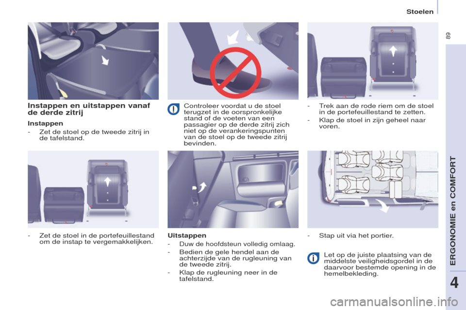 Peugeot Partner Tepee 2017 Handleiding (in Dutch) 89
Partner2VP_nl_Chap04_ergonomie_ed02-2016Partner2VP_nl_Chap04_ergonomie_ed02-2016
Instappen en uitstappen vanaf
de derde zitrij
Instappen
-
Zet de stoel op de tweede zitrij in
de tafelstand.
Uit Peugeot Partner Tepee 2017 Handleiding (in Dutch) 89
Partner2VP_nl_Chap04_ergonomie_ed02-2016Partner2VP_nl_Chap04_ergonomie_ed02-2016
Instappen en uitstappen vanaf
de derde zitrij
Instappen
-
Zet de stoel op de tweede zitrij in
de tafelstand.
Uit