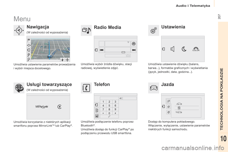 Peugeot Partner Tepee 2017  Instrukcja Obsługi (in Polish)  207
Partner2VP_pl_Chap10a_SMEGplus_ed02-2016
Menu
ustawienia
Radio Media
Nawigacja
j

azda
us

ługi towarzyszące Telefon
Umożliwia ustawienie dźwięku (balans, 
bar wa...), formatów graficznych 