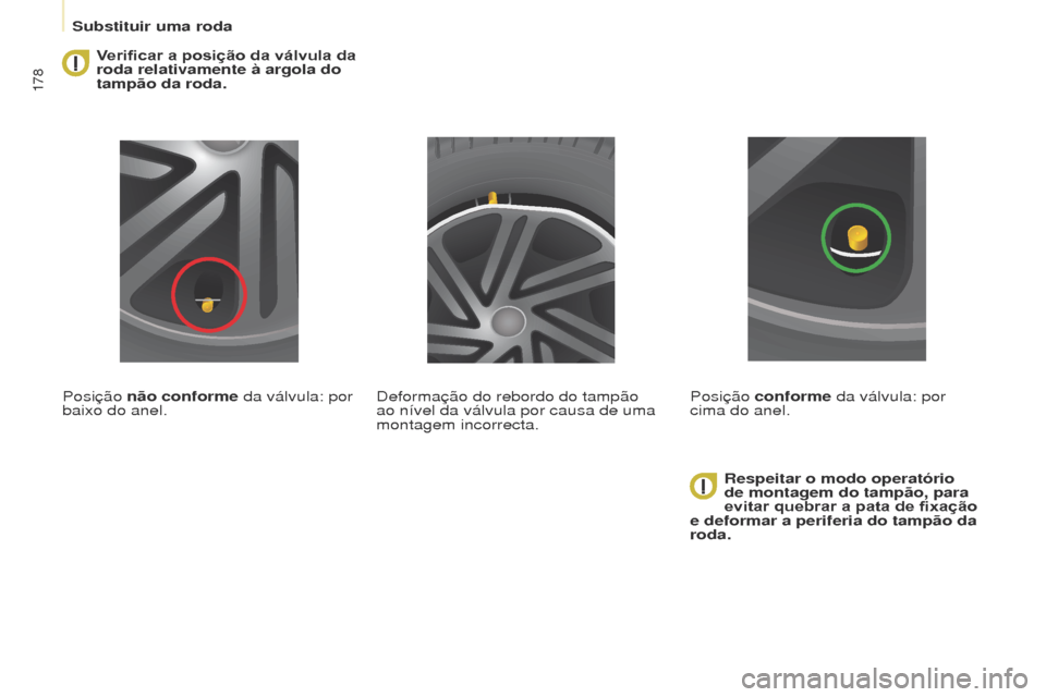 Peugeot Partner Tepee 2017 Manual do proprietário (in Portuguese) 178
Partner2VP_pt_Chap08_Aide-rapide_ed02-2016Partner2VP_pt_Chap08_Aide-rapide_ed02-2016
Verificar a posição da válvula da
roda relativamente à argola do
tampão da roda.
Posição não conforme Peugeot Partner Tepee 2017 Manual do proprietário (in Portuguese) 178
Partner2VP_pt_Chap08_Aide-rapide_ed02-2016Partner2VP_pt_Chap08_Aide-rapide_ed02-2016
Verificar a posição da válvula da
roda relativamente à argola do
tampão da roda.
Posição não conforme