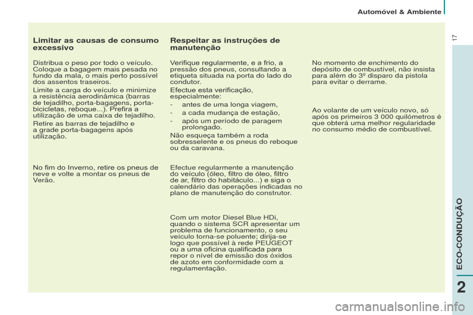 Peugeot Partner Tepee 2017  Manual do proprietário (in Portuguese) 17
Partner2VP_pt_Chap02_eco-conduite_ed02-2016
Limitar as causas de consumo 
excessivo
Distribua o peso por todo o veículo. 
Coloque a bagagem mais pesada no 
fundo da mala, o mais perto possível 
d